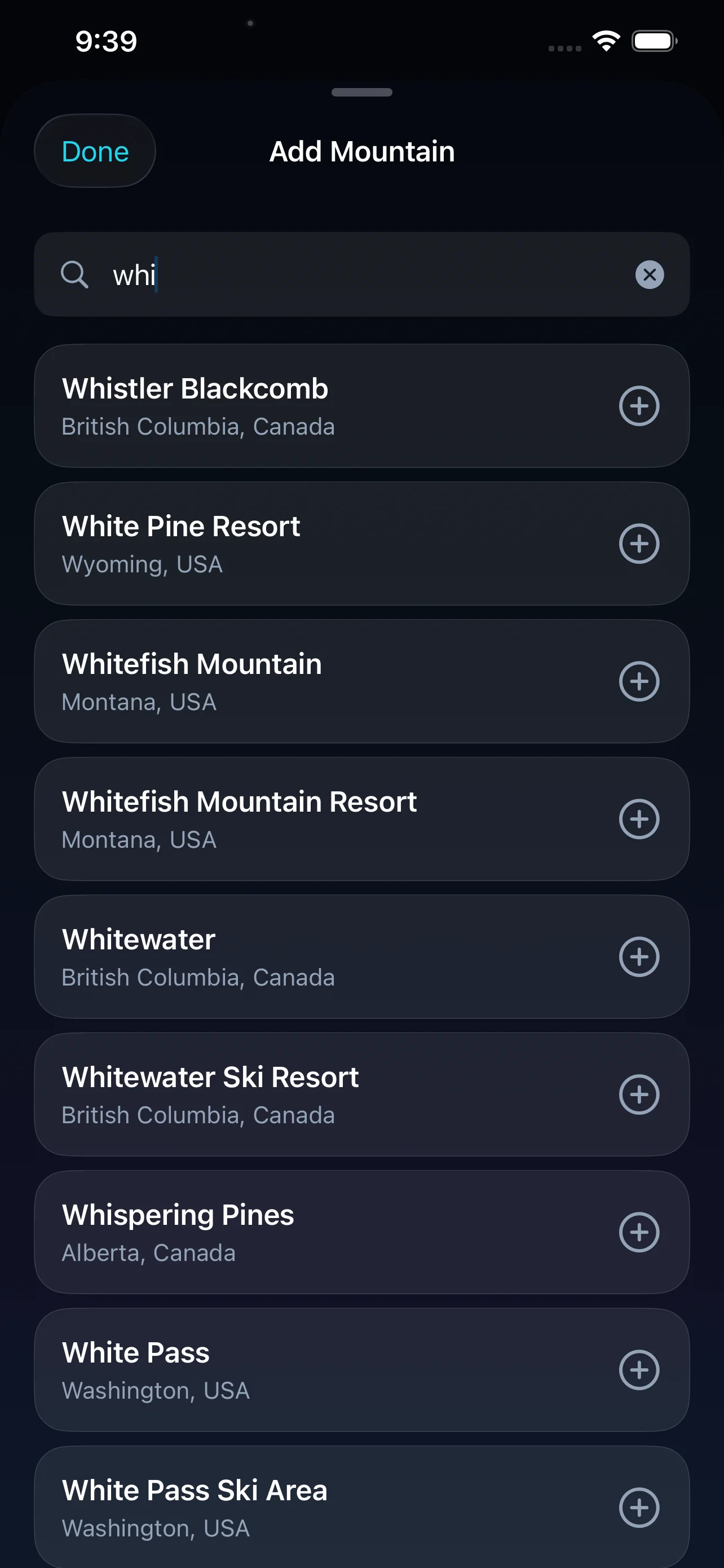 Powder Radar resort search screen